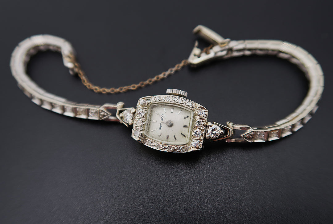 p499 Vintage Ladies Hamilton 14k White Gold Diamond Wristwatch