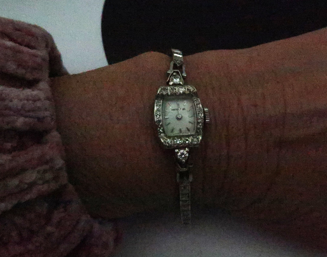 p499 Vintage Ladies Hamilton 14k White Gold Diamond Wristwatch