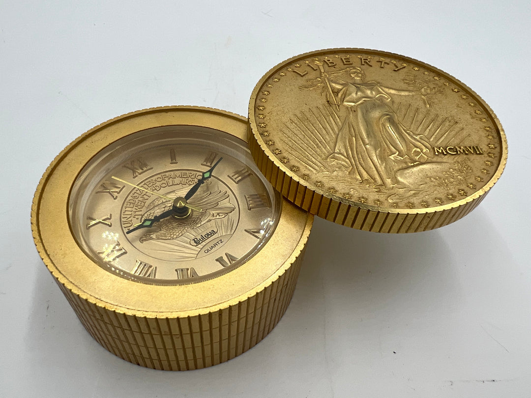 t664 Vintage Gold Bulova Walking Liberty Travel Alarm Clock