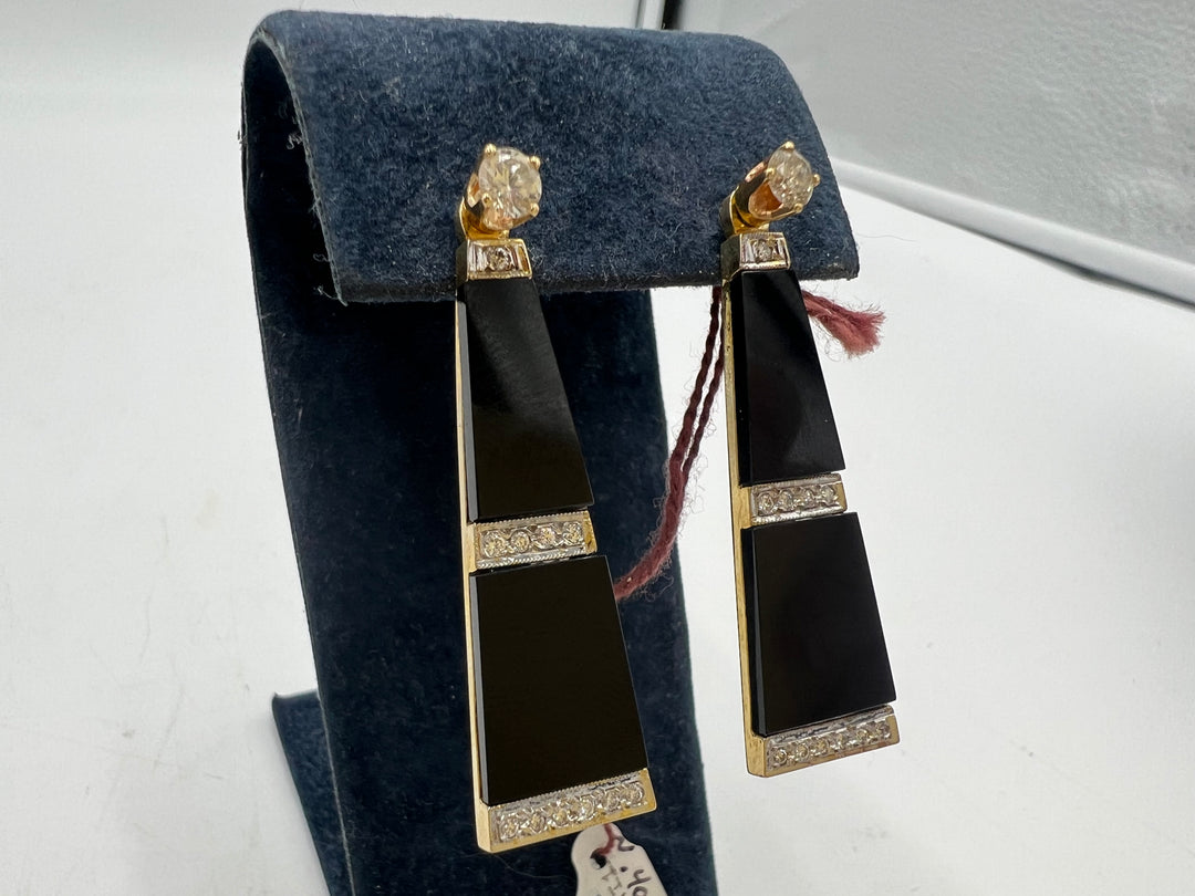 t888 Elegant 14kt Yellow Gold Onyx & Diamond Stud Earring Jacket