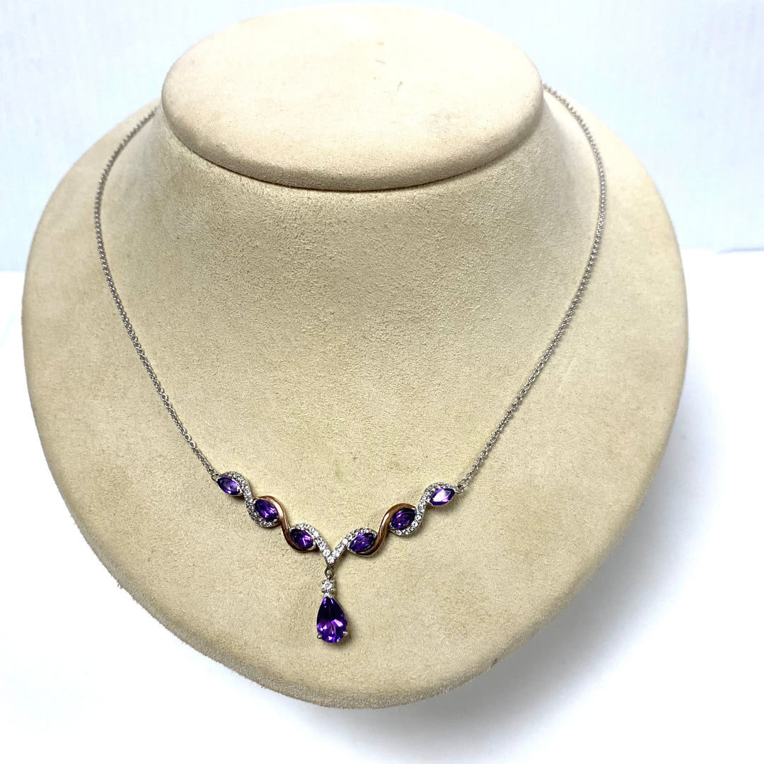 v361 Vintage Sterling Silver 925 10k Y Gold 18" Genuine Amethyst Chain Necklace