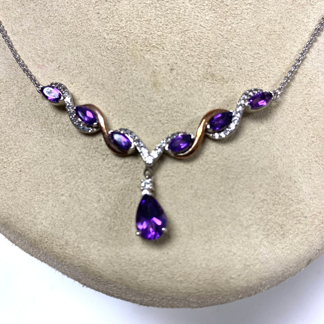v361 Vintage Sterling Silver 925 10k Y Gold 18" Genuine Amethyst Chain Necklace