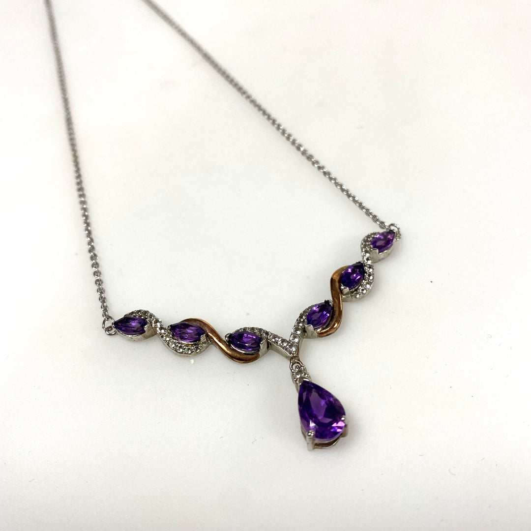 v361 Vintage Sterling Silver 925 10k Y Gold 18" Genuine Amethyst Chain Necklace