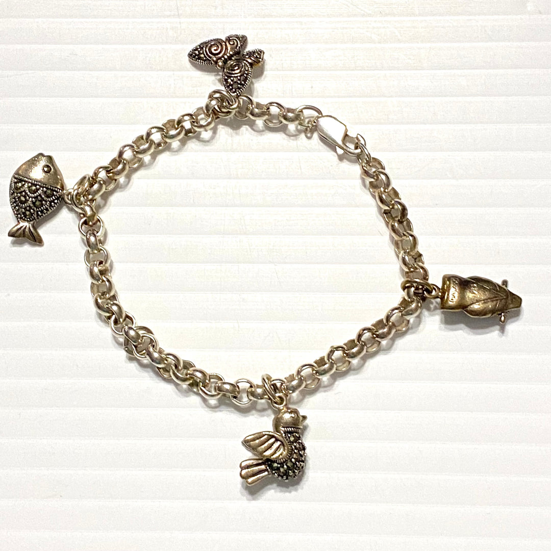 u580 Vintage 925 Sterling Silver Round Link Chain Bracelet 7" Long & 4 Charms