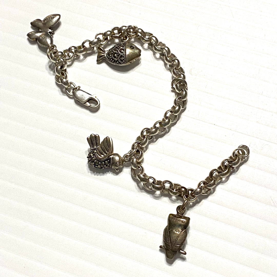 u580 Vintage 925 Sterling Silver Round Link Chain Bracelet 7" Long & 4 Charms