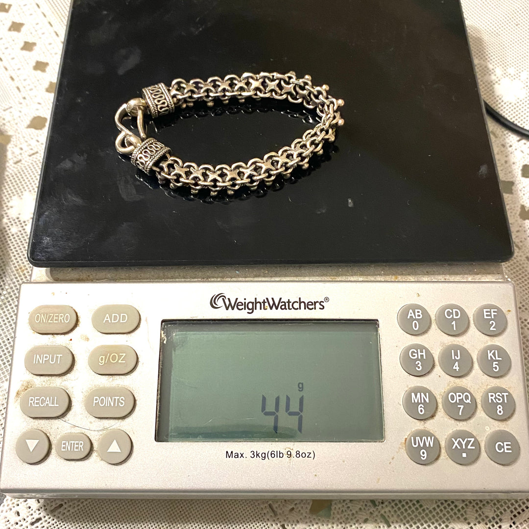 u581 Vintage 925 Sterling Silver Unique Beaded Link Chain Bracelet 7.5" Long