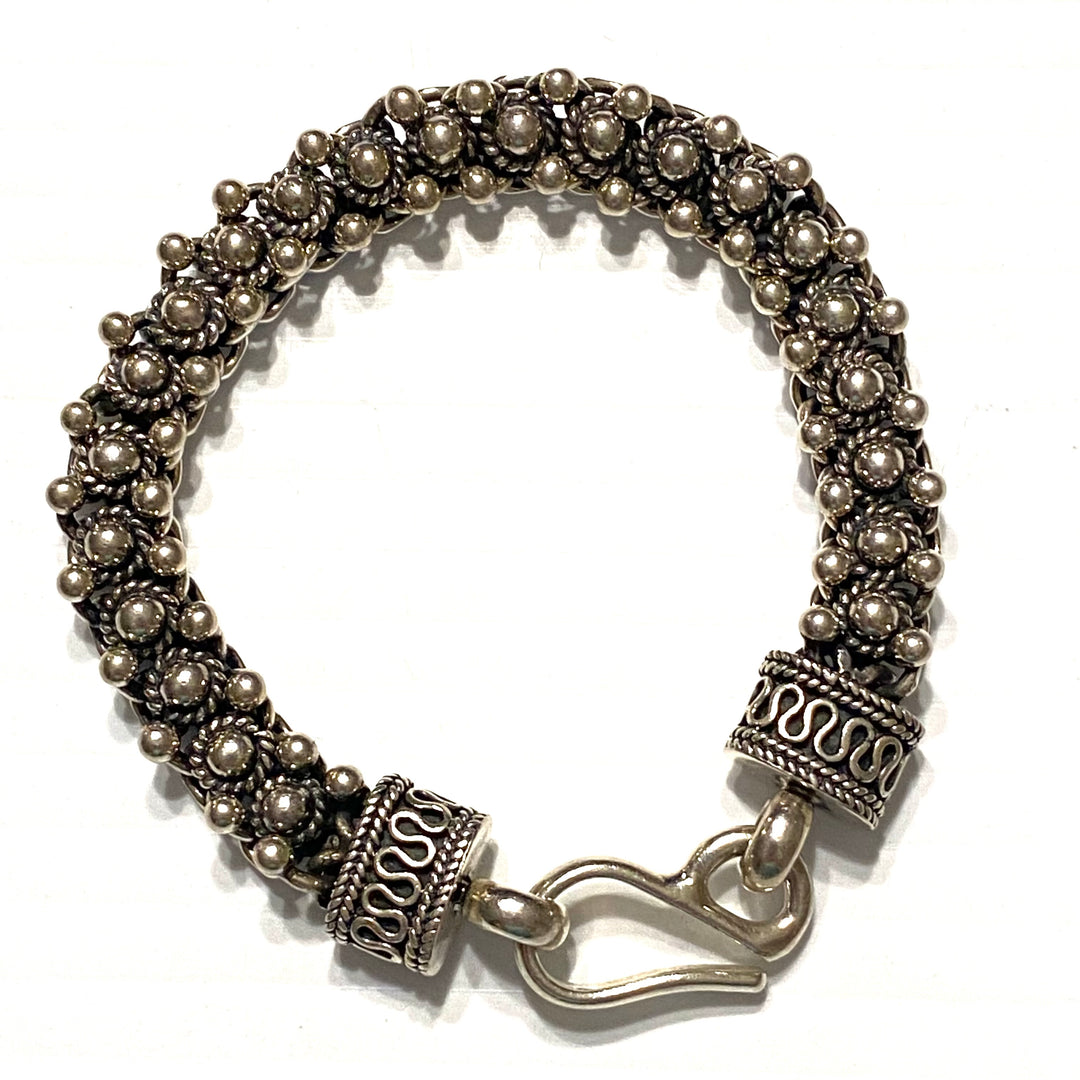 u581 Vintage 925 Sterling Silver Unique Beaded Link Chain Bracelet 7.5" Long