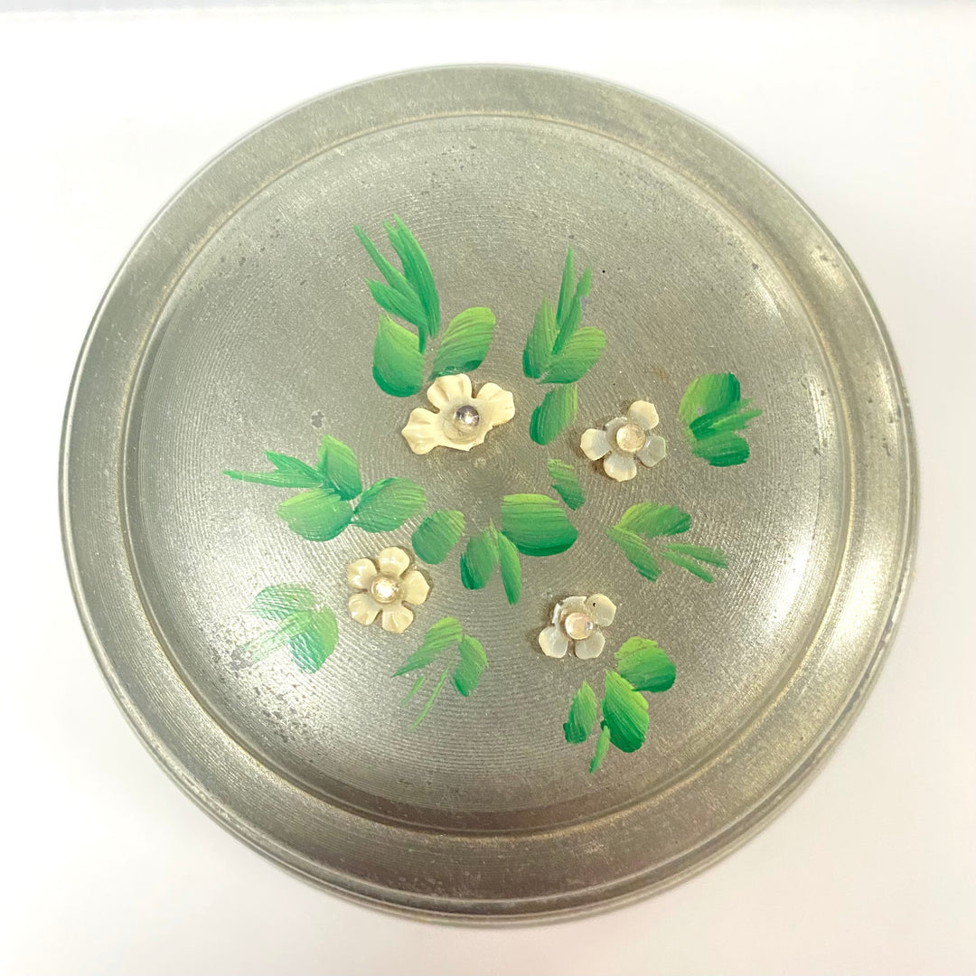 v872 Vintage Aluminum Musical Powder Puff Box Vanity Accessory 1930s and 1940s