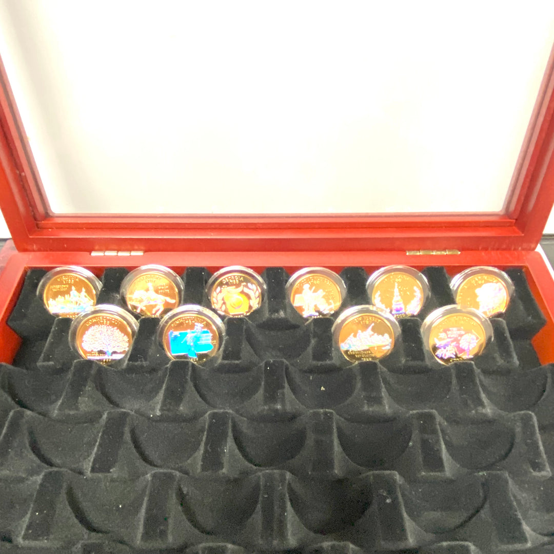 u979 PCS Holographic 10pc Gold-Plated US State Quarters with Wooden Display Box