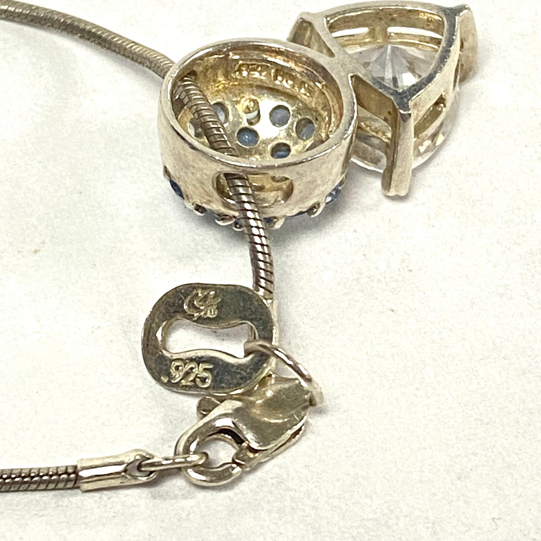 u553 Vintage Sterling Silver 16" Snake Chain Necklace Multi Stone Silver Pendant