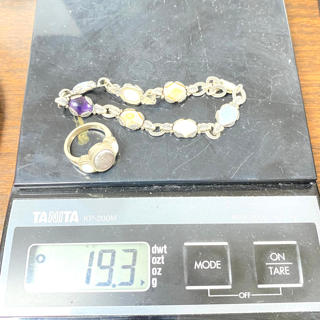 u630 Vintage 2pc Sterling Silver Multi Gemstones Bracelet 8" Long Ring Size 6