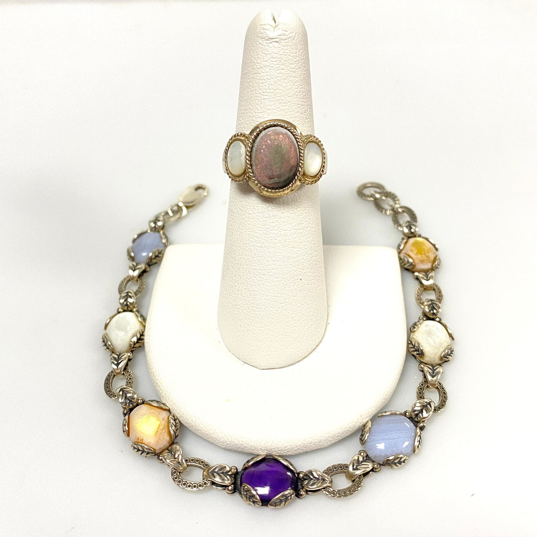 u630 Vintage 2pc Sterling Silver Multi Gemstones Bracelet 8" Long Ring Size 6