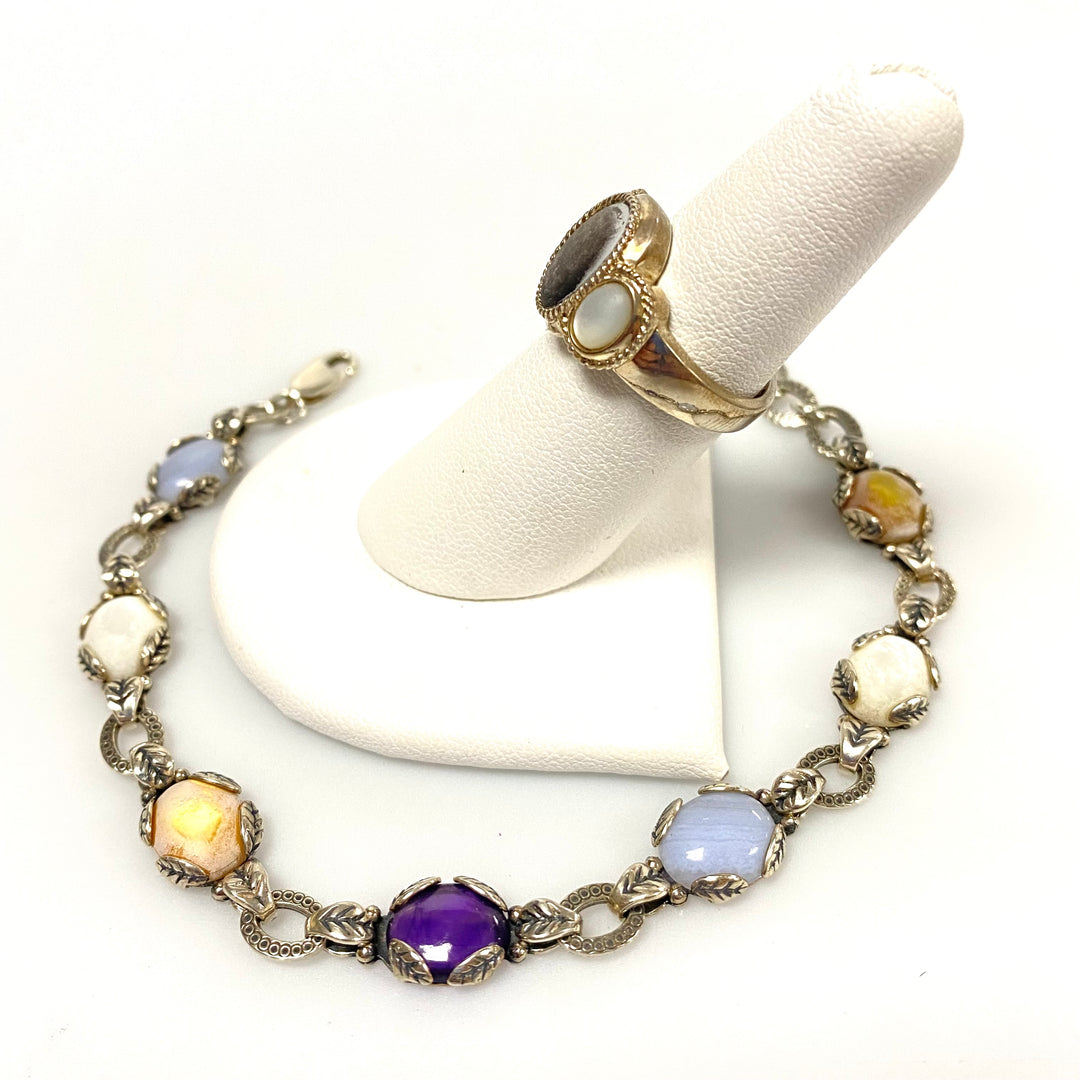 u630 Vintage 2pc Sterling Silver Multi Gemstones Bracelet 8" Long Ring Size 6