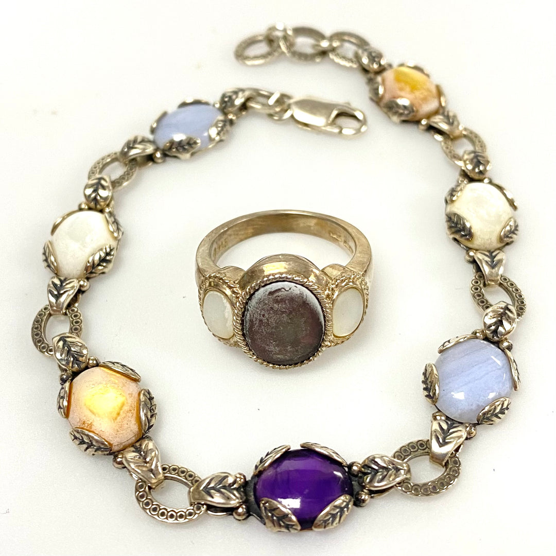 u630 Vintage 2pc Sterling Silver Multi Gemstones Bracelet 8" Long Ring Size 6