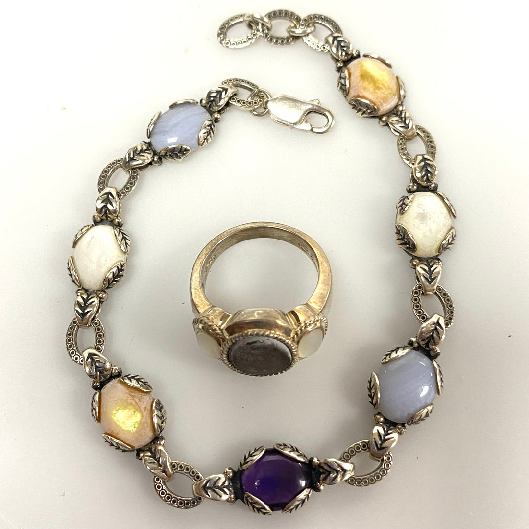 u630 Vintage 2pc Sterling Silver Multi Gemstones Bracelet 8" Long Ring Size 6