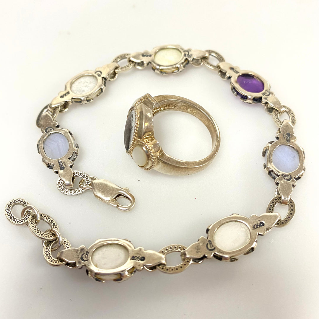 u630 Vintage 2pc Sterling Silver Multi Gemstones Bracelet 8" Long Ring Size 6