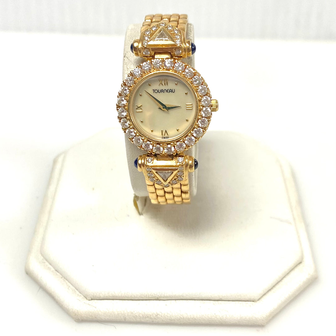 v790 Vintage Tourneau 14k Yellow Gold Pave Diamond Sapphire Ladies' Wrist Watch