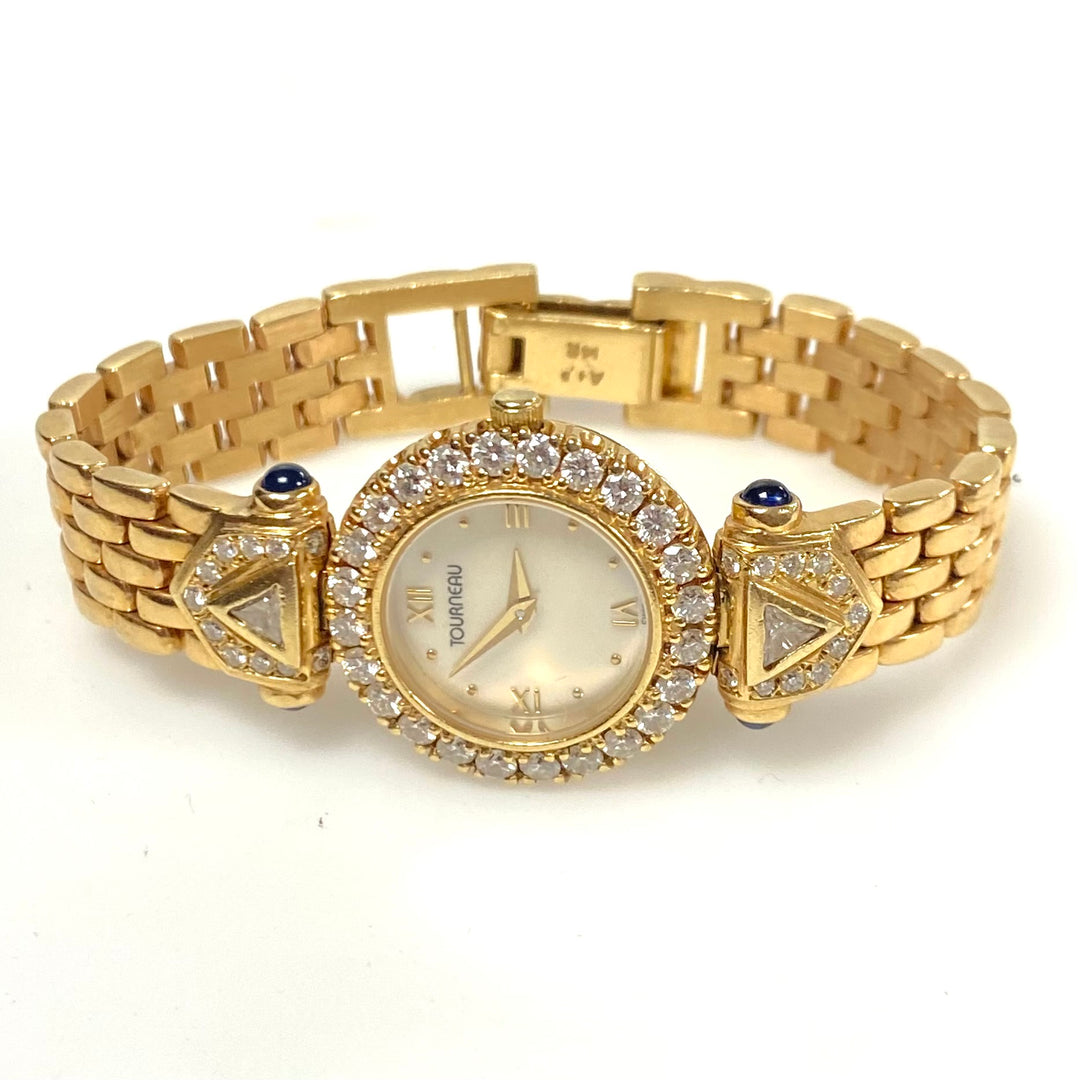 v790 Vintage Tourneau 14k Yellow Gold Pave Diamond Sapphire Ladies' Wrist Watch