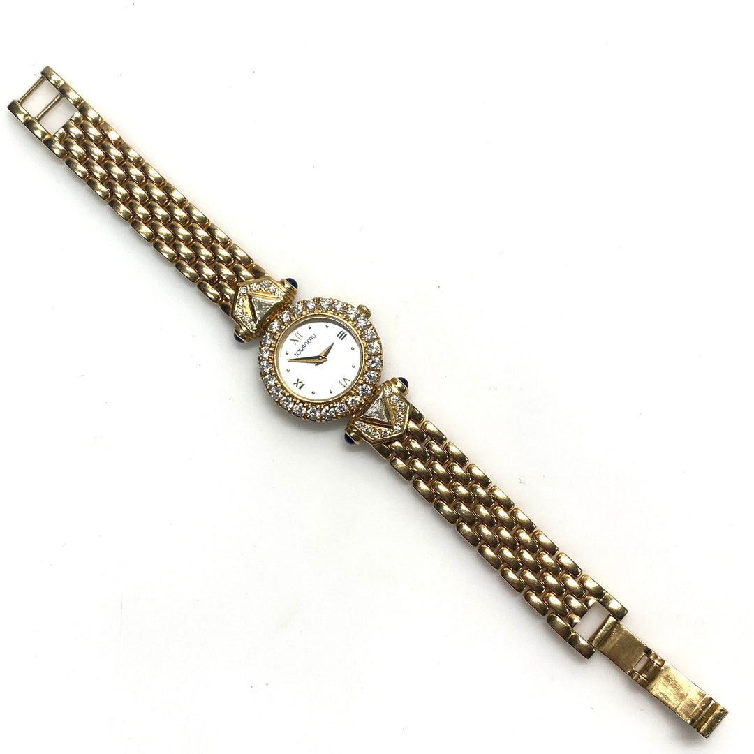 v790 Vintage Tourneau 14k Yellow Gold Pave Diamond Sapphire Ladies' Wrist Watch