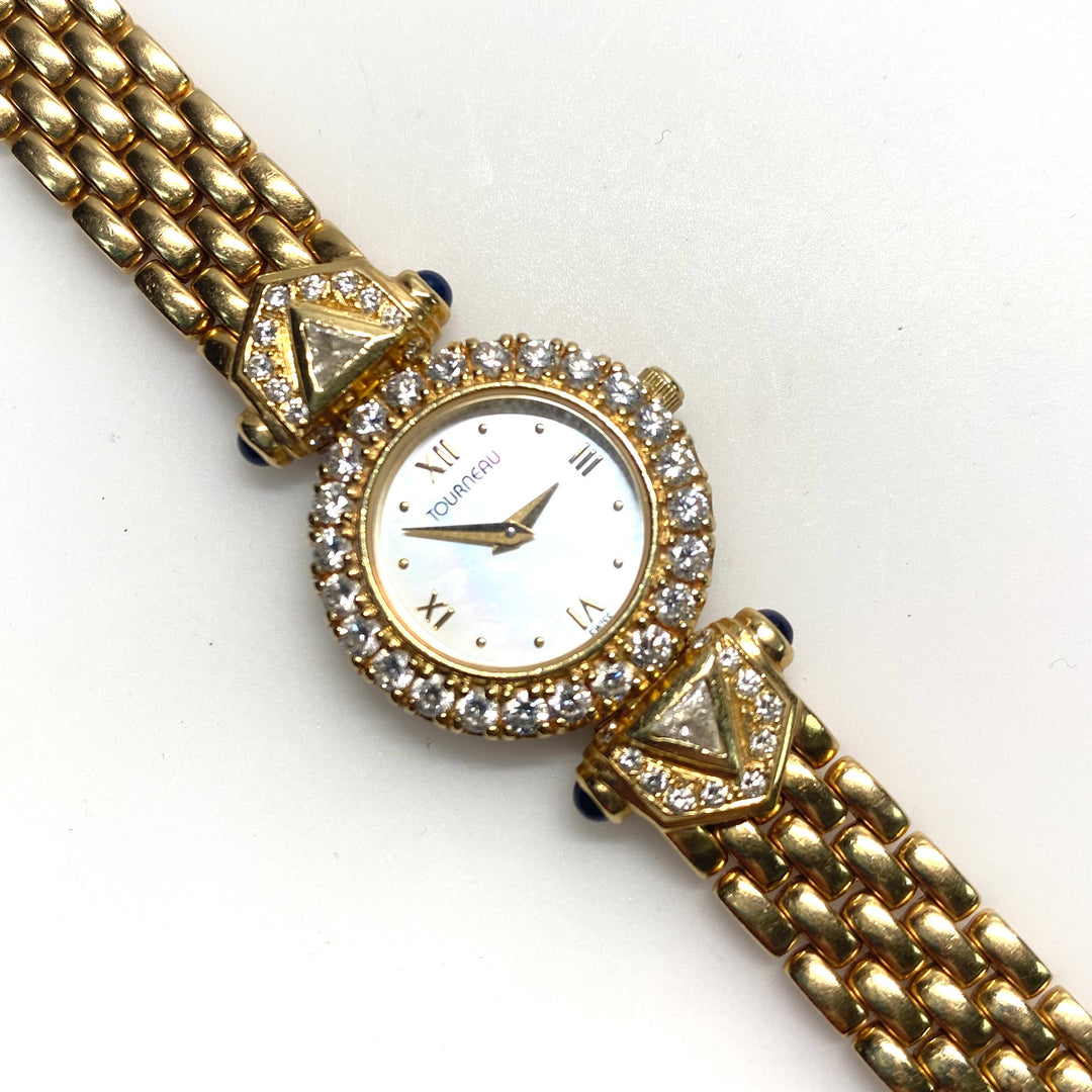 v790 Vintage Tourneau 14k Yellow Gold Pave Diamond Sapphire Ladies' Wrist Watch