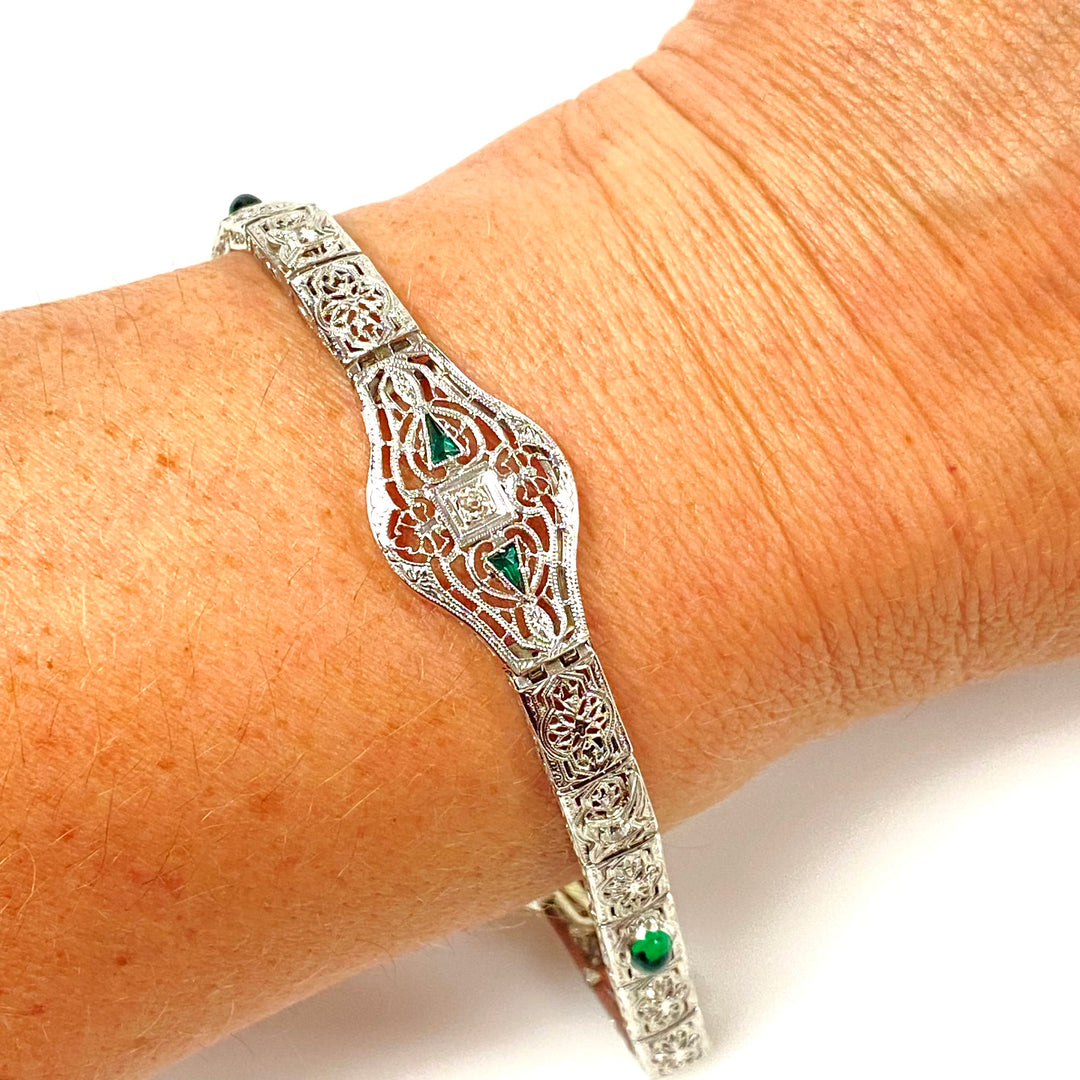 a173 Vintage 1920's Diamond and Trillion Emeralds Bracelet in 14K White Gold