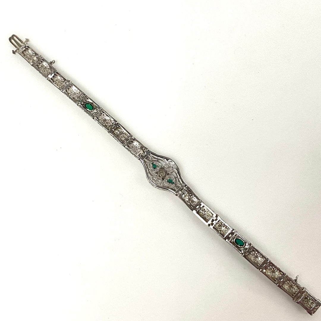 a173 Vintage 1920's Diamond and Trillion Emeralds Bracelet in 14K White Gold