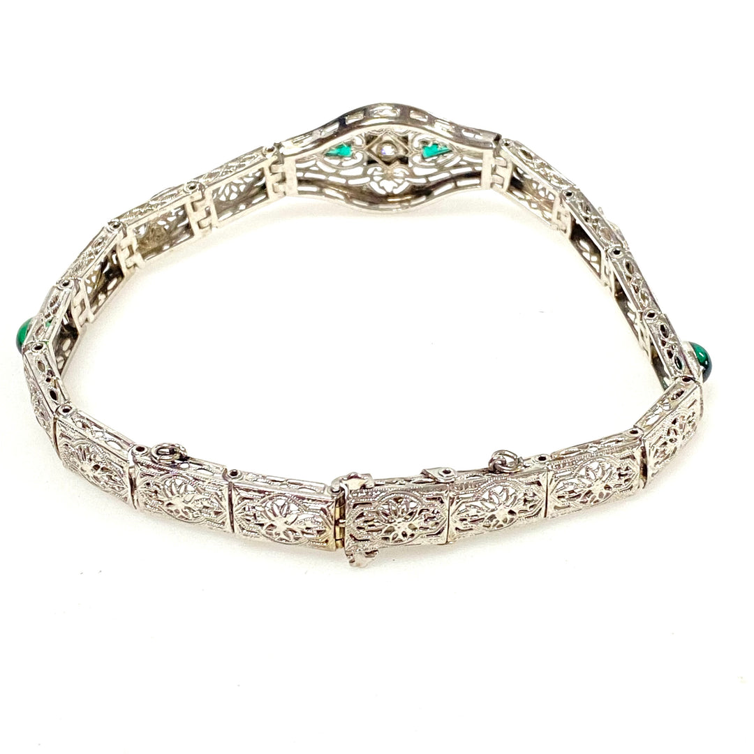 a173 Vintage 1920's Diamond and Trillion Emeralds Bracelet in 14K White Gold