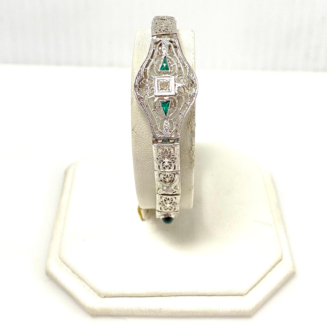 a173 Vintage 1920's Diamond and Trillion Emeralds Bracelet in 14K White Gold