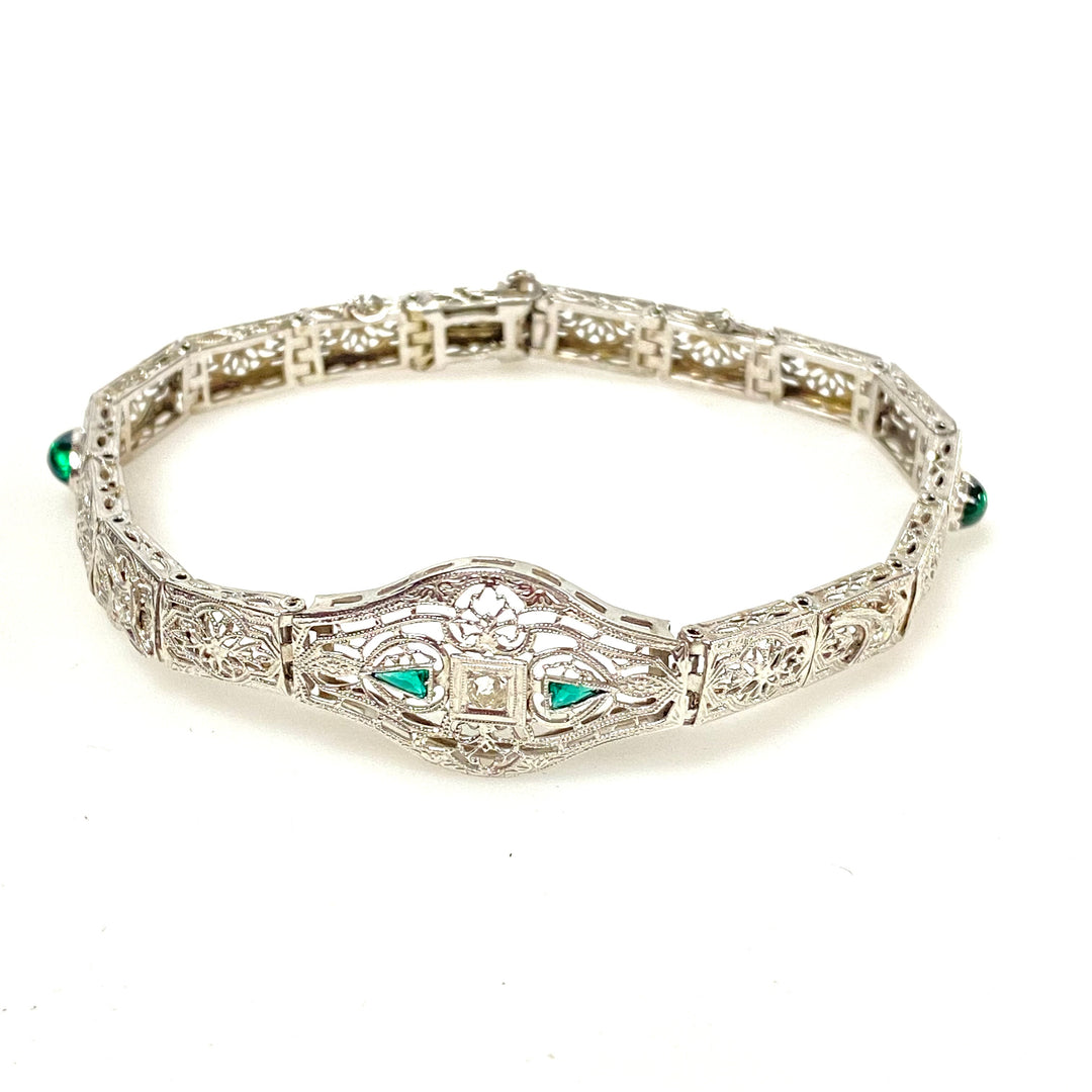 a173 Vintage 1920's Diamond and Trillion Emeralds Bracelet in 14K White Gold