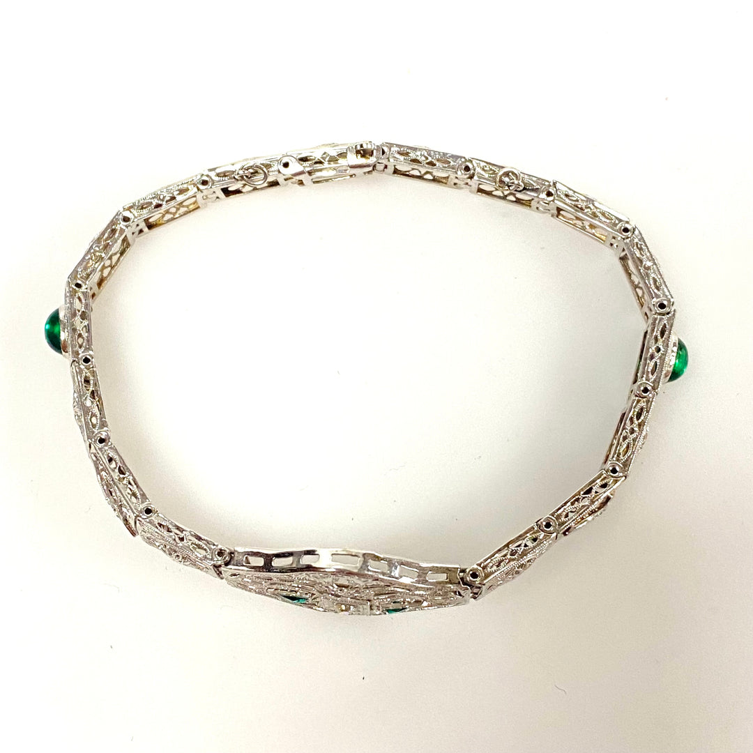 a173 Vintage 1920's Diamond and Trillion Emeralds Bracelet in 14K White Gold