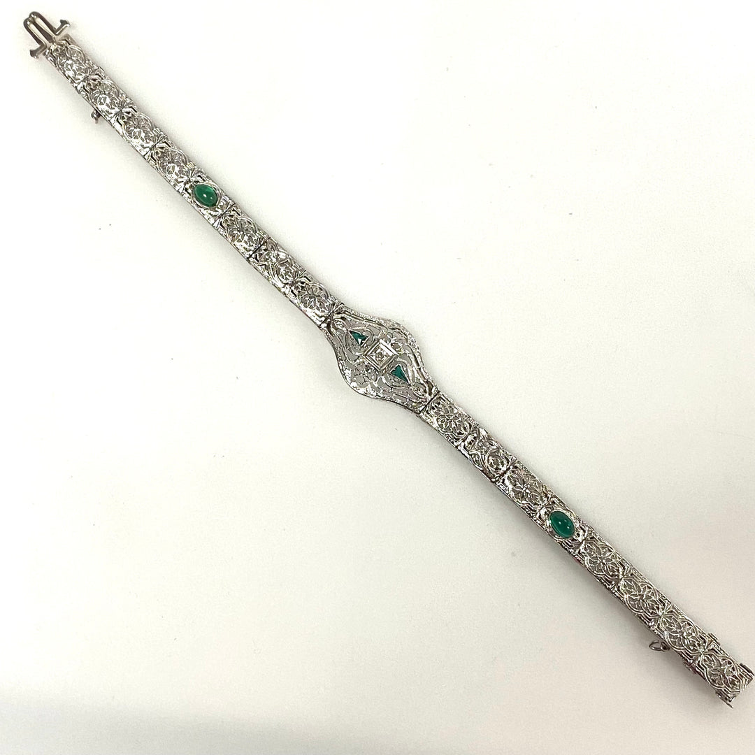 a173 Vintage 1920's Diamond and Trillion Emeralds Bracelet in 14K White Gold