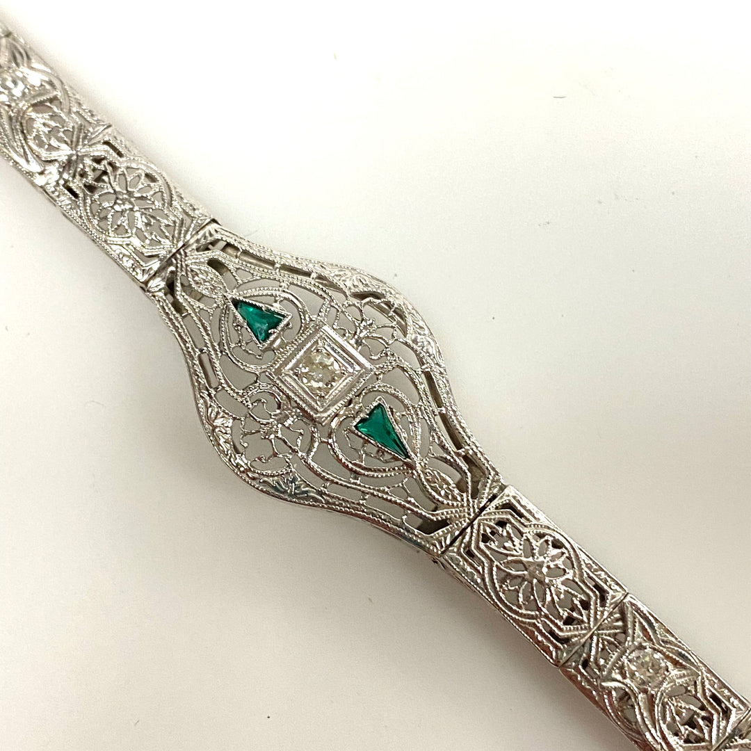 a173 Vintage 1920's Diamond and Trillion Emeralds Bracelet in 14K White Gold