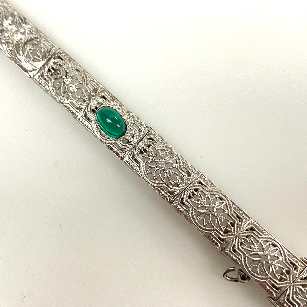 a173 Vintage 1920's Diamond and Trillion Emeralds Bracelet in 14K White Gold
