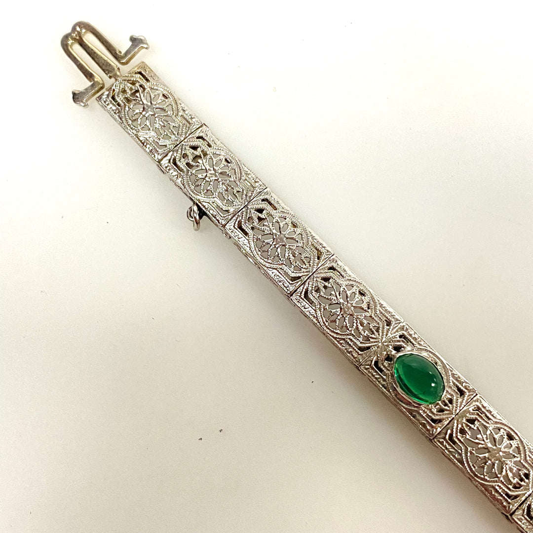 a173 Vintage 1920's Diamond and Trillion Emeralds Bracelet in 14K White Gold