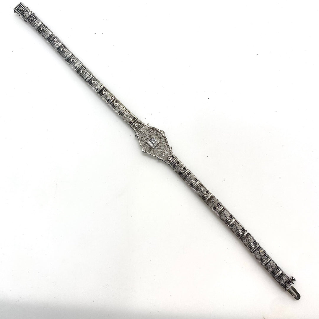 a180 Vintage 1920's Diamond Bracelet in 14K White Gold with Flowers down the Band