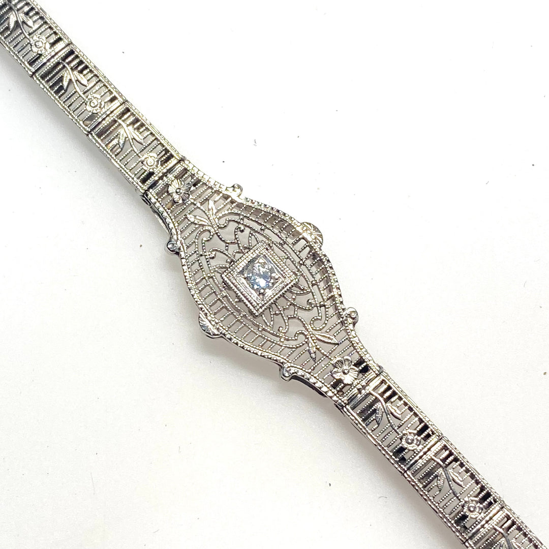 a180 Vintage 1920's Diamond Bracelet in 14K White Gold with Flowers down the Band