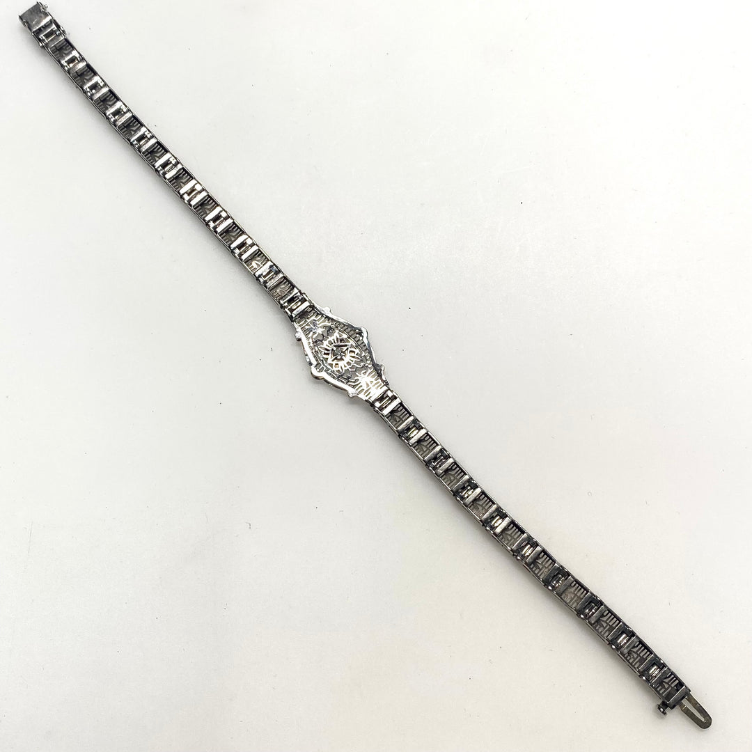 a180 Vintage 1920's Diamond Bracelet in 14K White Gold with Flowers down the Band