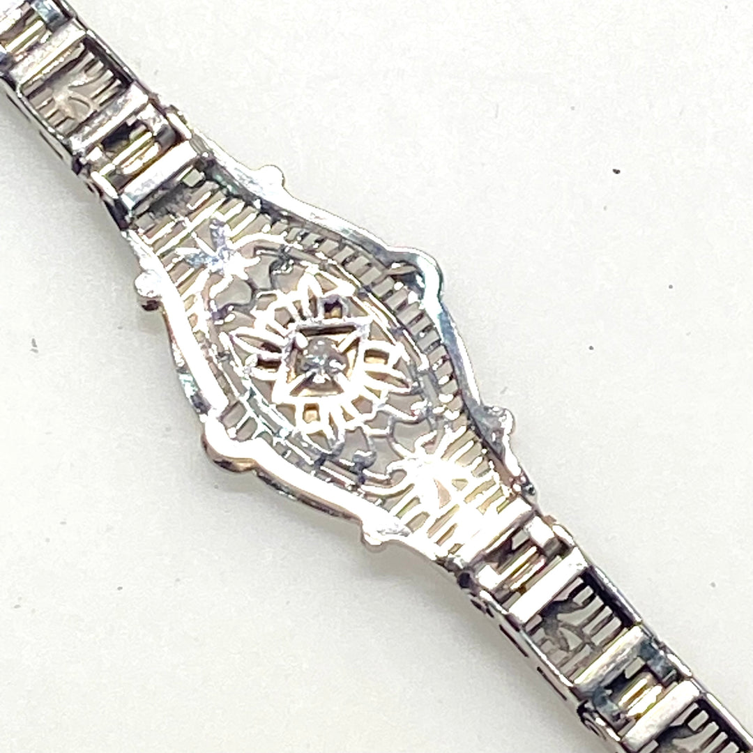 a180 Vintage 1920's Diamond Bracelet in 14K White Gold with Flowers down the Band
