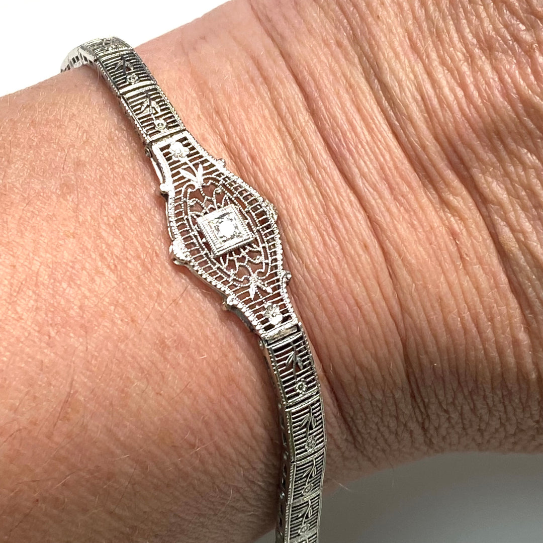 a180 Vintage 1920's Diamond Bracelet in 14K White Gold with Flowers down the Band