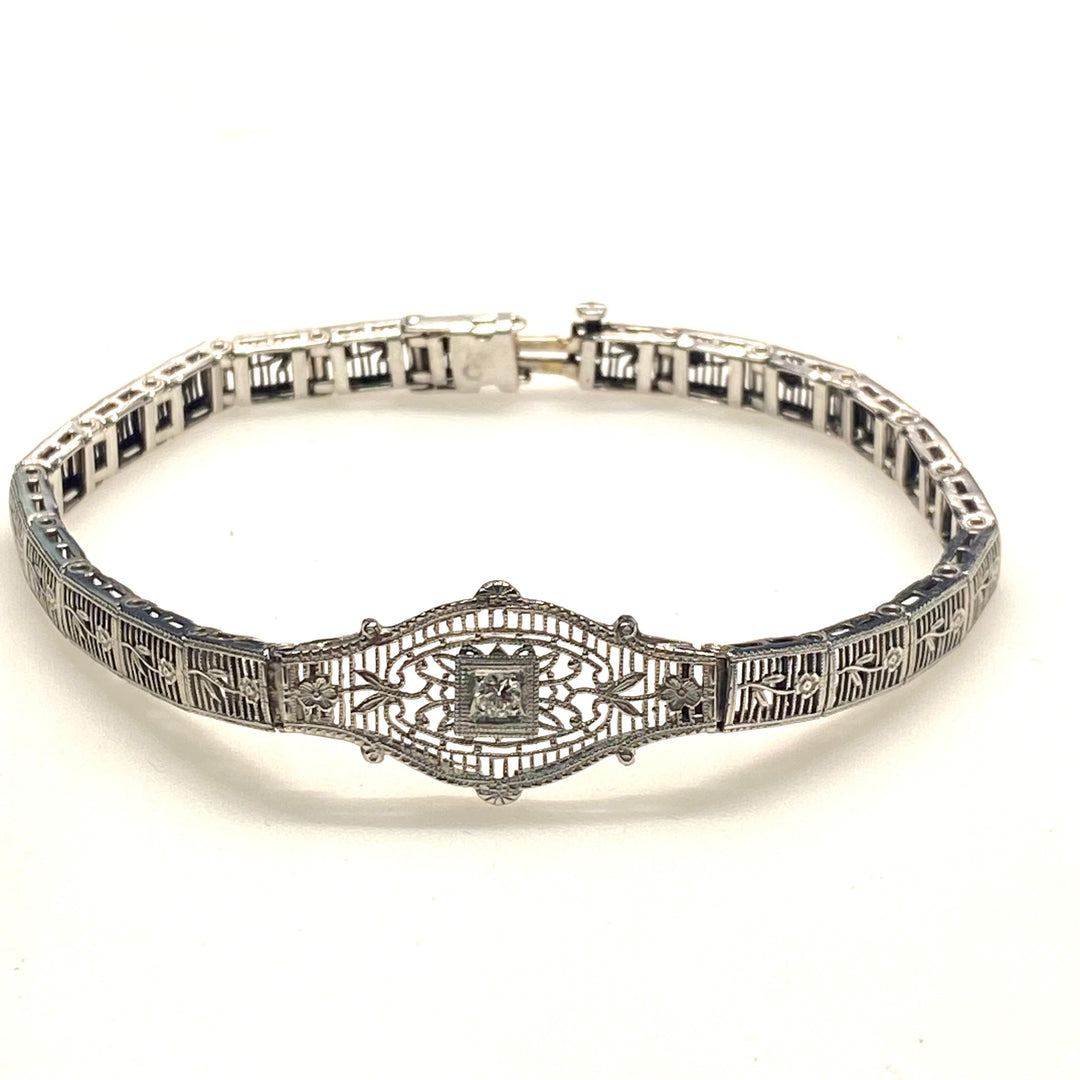 a180 Vintage 1920's Diamond Bracelet in 14K White Gold with Flowers down the Band