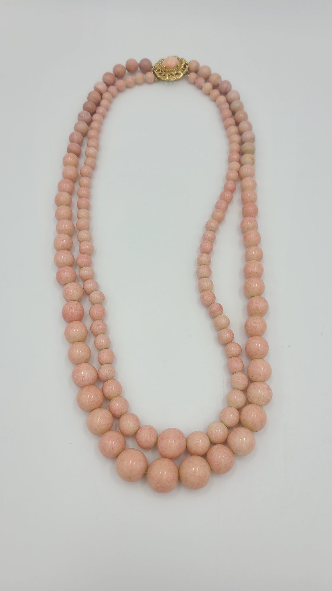 m701 Stunning Double Strand Angel Skin Coral Beaded Necklace with 14kt Yellow Gold Lock