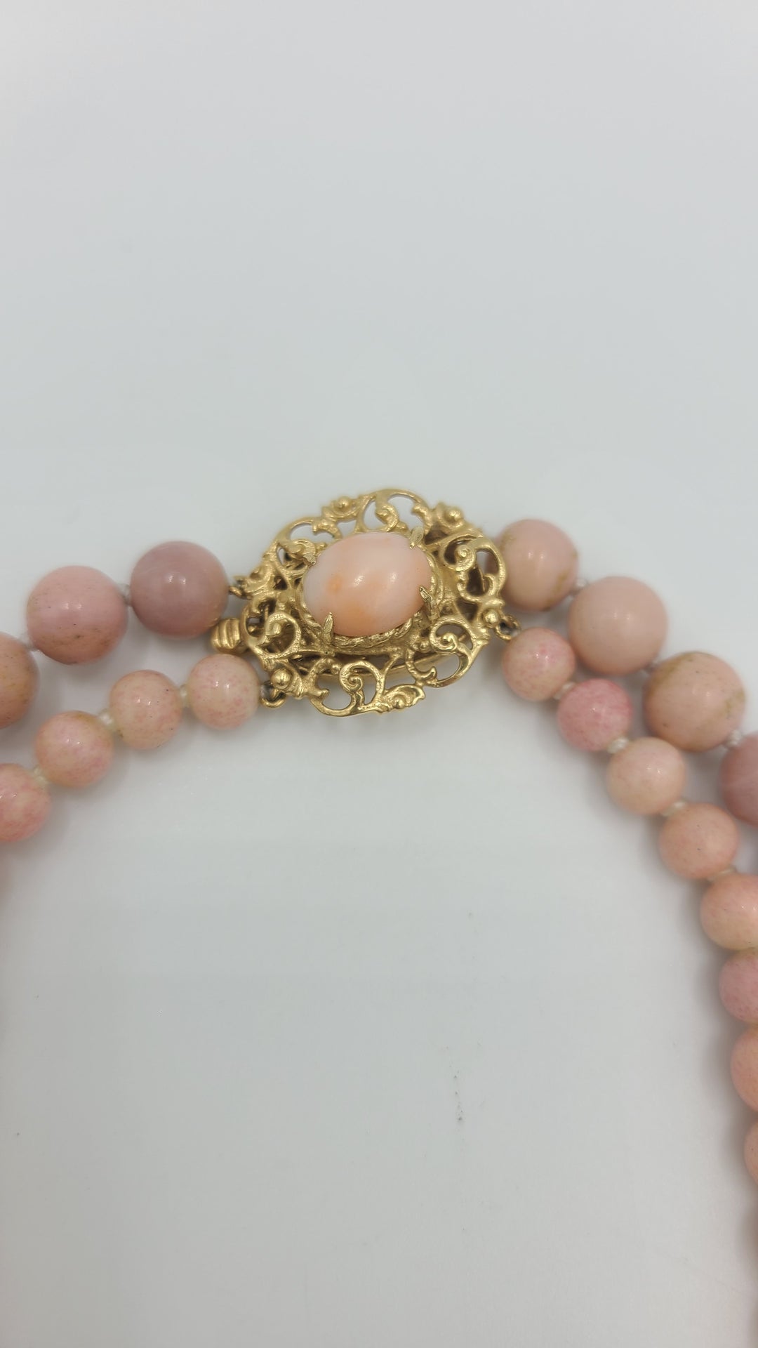 m701 Stunning Double Strand Angel Skin Coral Beaded Necklace with 14kt Yellow Gold Lock