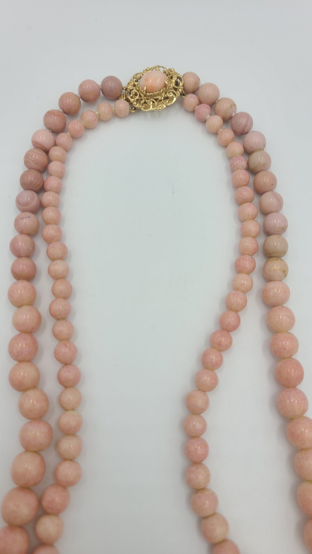 m701 Stunning Double Strand Angel Skin Coral Beaded Necklace with 14kt Yellow Gold Lock