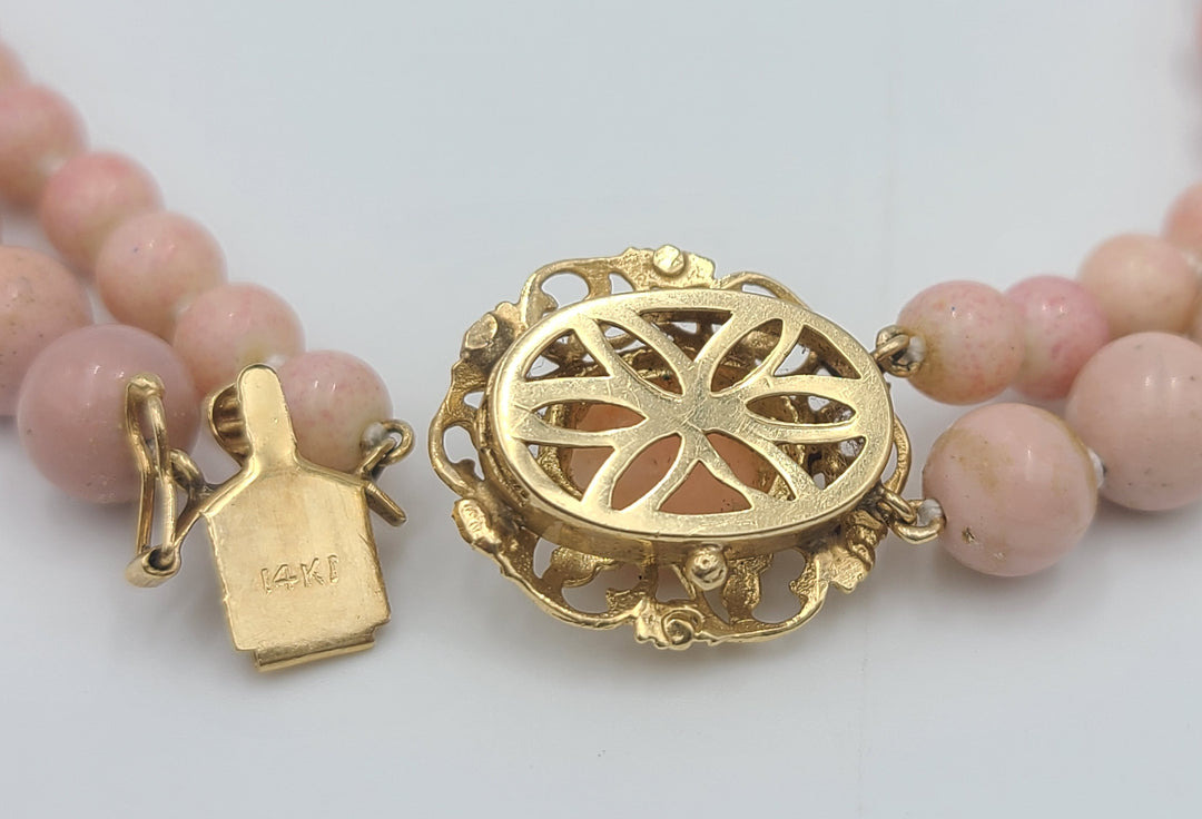 m701 Stunning Double Strand Angel Skin Coral Beaded Necklace with 14kt Yellow Gold Lock