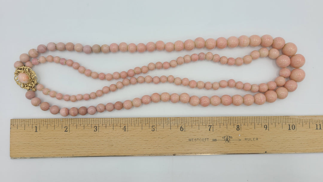 m701 Stunning Double Strand Angel Skin Coral Beaded Necklace with 14kt Yellow Gold Lock