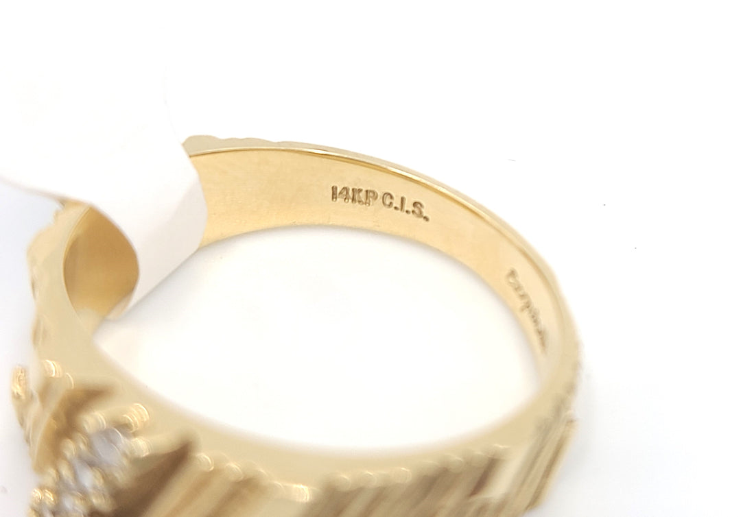 k967 Handsome Men's 14kt Yellow Gold Bark Style Diamond Wedding Band