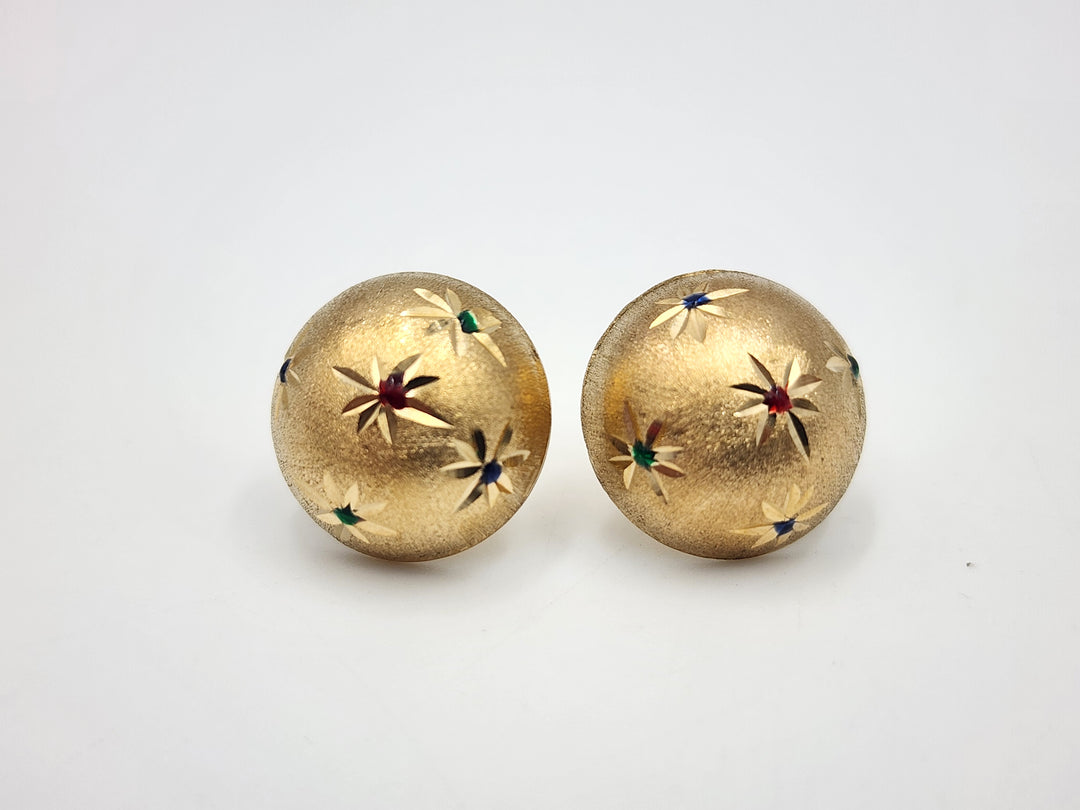 e383 Vintage Brushed Dome Stud Earrings with Red Green Blue Accents