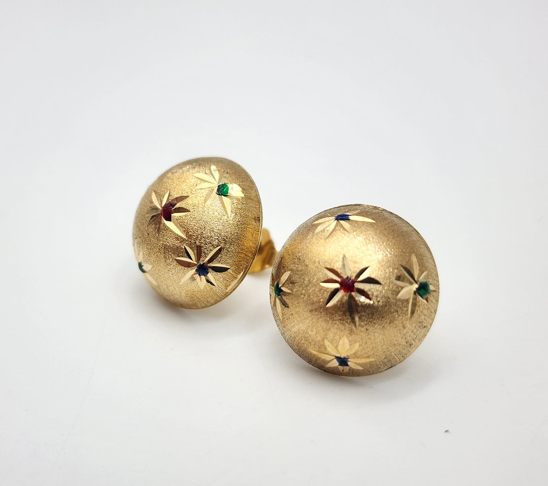 e383 Vintage Brushed Dome Stud Earrings with Red Green Blue Accents