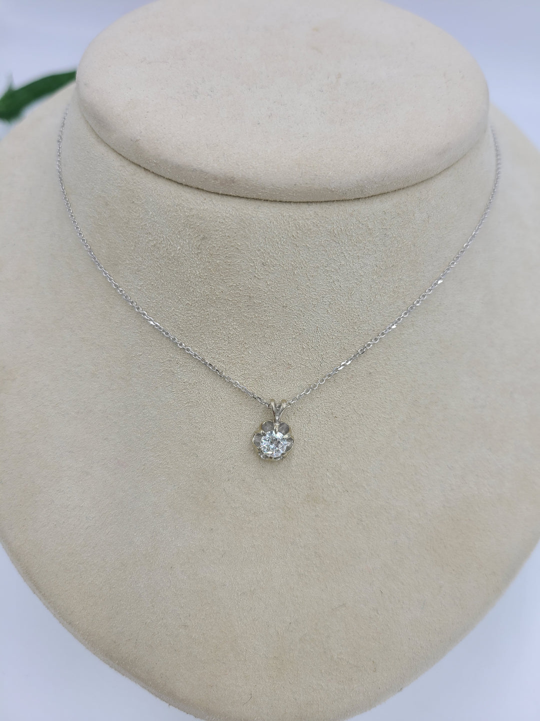 e768 Vintage 14K White Gold .45CT Diamond Pendant 16" Chain Necklace