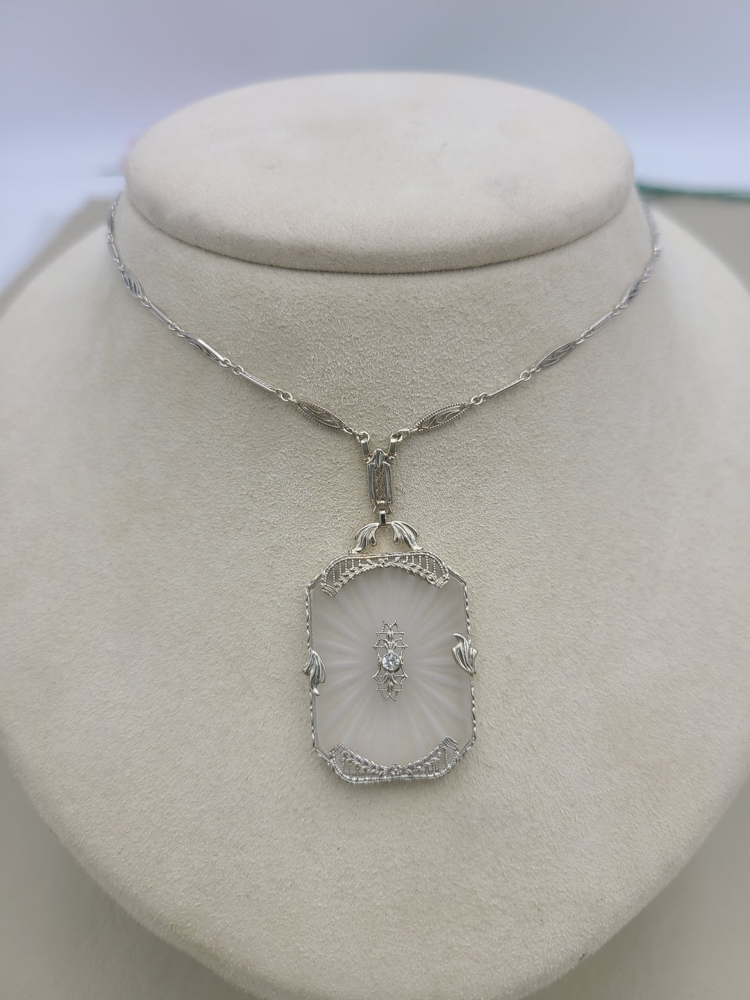 k887 Beautiful Vintage Camphor Glass and Diamond Pendant on 14" Filigree Necklace